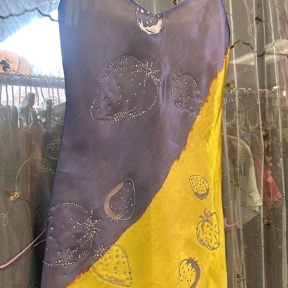 area blue yellow bedazzled strawberry mini dress beaded straps - Picture 8 of 11